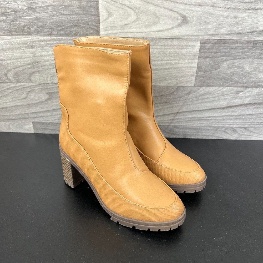 ZBY Heeled Boots Women's 7.5‎ Tan Faux Leather Chunky Block High Heel Back Zip